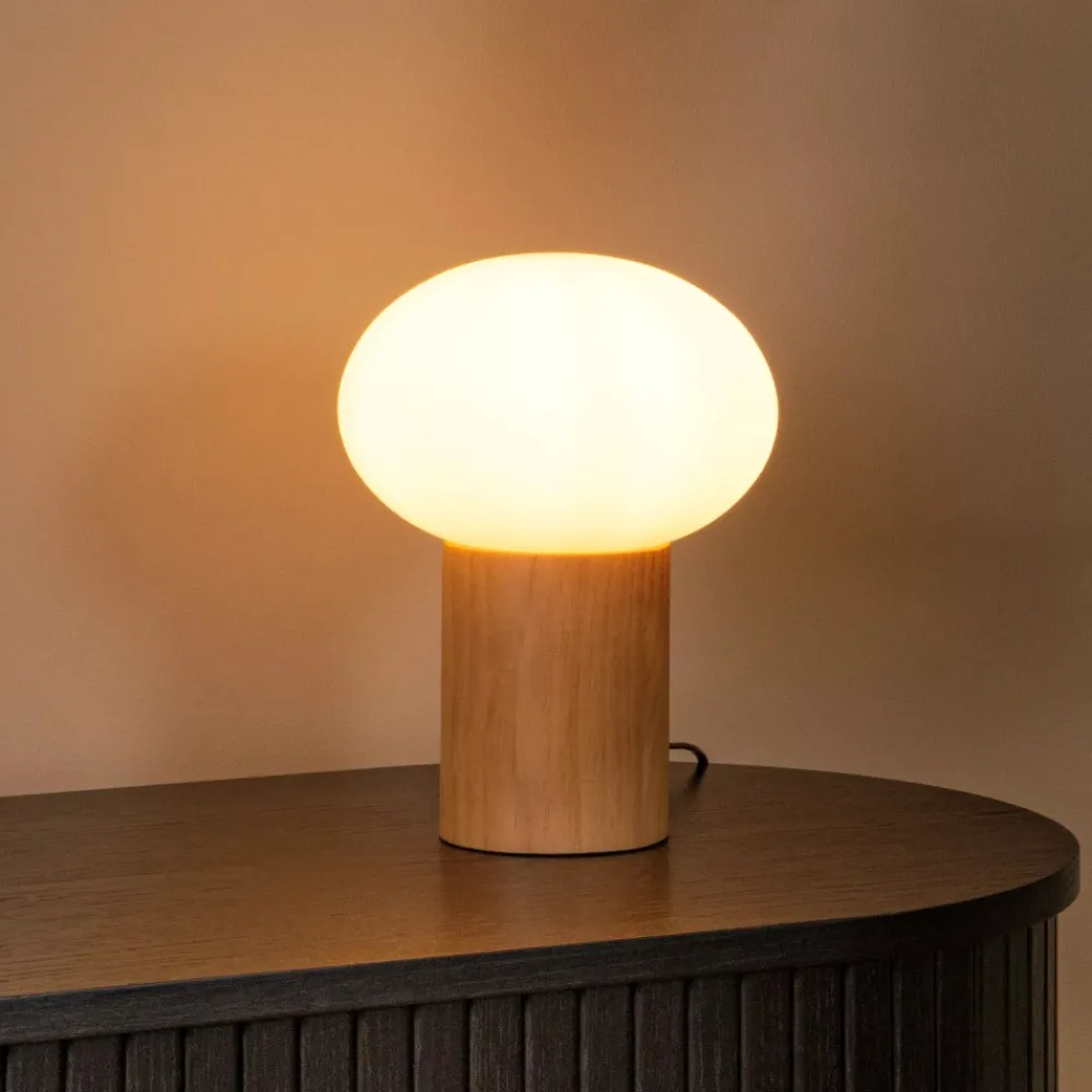 Abat Jour-Selezionato da Mazzolaluce Lampada da comodino di legno sfera in vetro bianco moderna