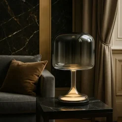 Lampade Da Tavolo-Maytoni Lampada da tavolo spirito vetro fume' nera led 18w 3000k dimmerabile