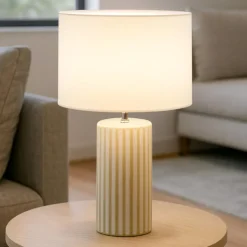 Lampade Da Tavolo-Perenz Illuminazione Lampada da tavolo tribale perenz ceramica bianco e beige paralume tessuto