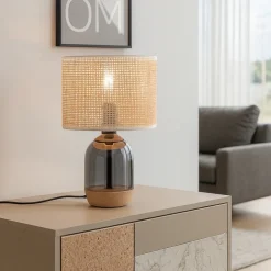Lampade Da Tavolo-Selezionato da Mazzolaluce Lampada da tavolo vetro grigio fumo paralume in vimini