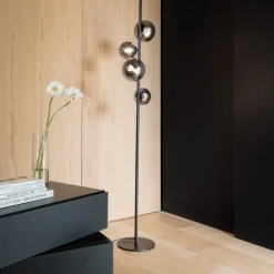 Lampade Da Terra-Ideal Lux Lampada da terra perlage pt4 nera sfere vetro fume