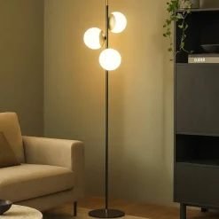 Lampade Da Terra-Maytoni Lampada da terra nero oro sfere vetro bianco nostalgia