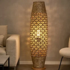 Lampade Da Terra-Selezionato da Mazzolaluce Lampada da terra rattan giacinto ed erba intrecciati base di legno