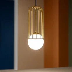 Lampade A Sospensione-Maytoni Lampada pendente telford oro ottone sfera bianca da comodino per camera da letto