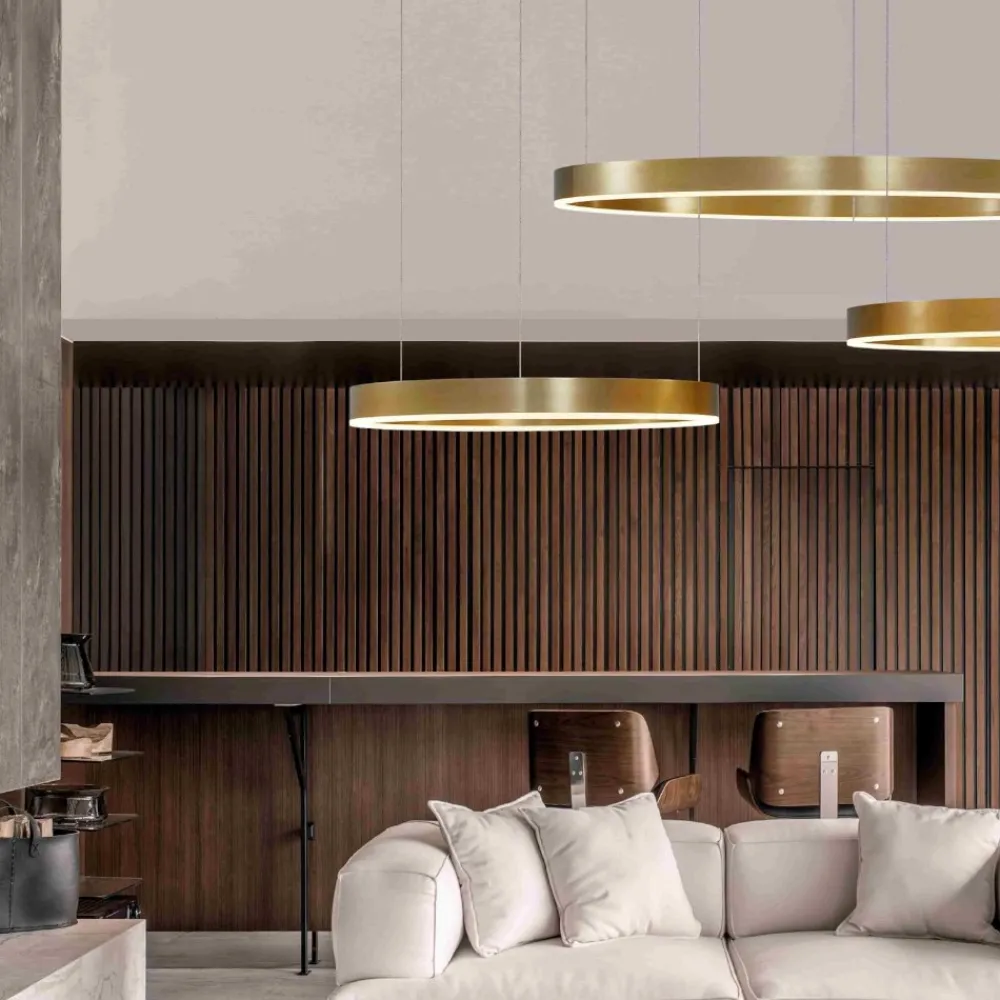 Lampadari Moderni-Selezionato da Mazzolaluce Lampadari moderni per soggiorno cerchi oro led 140w 3000k dimmerabile