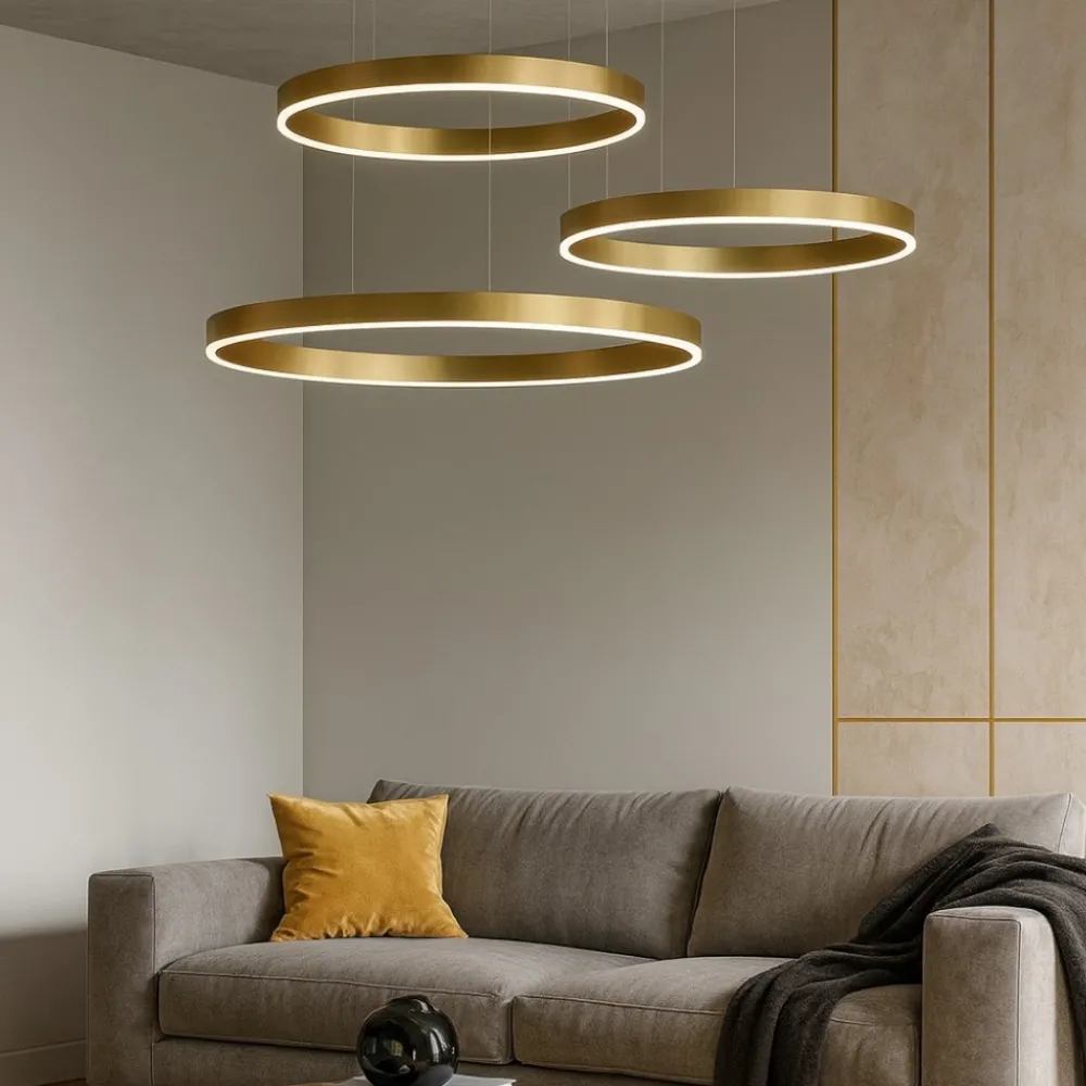 Lampadari Moderni-Selezionato da Mazzolaluce Lampadari moderni per soggiorno cerchi oro led 140w 3000k dimmerabile