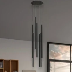 Lampadari Moderni-Selezionato da Mazzolaluce Lampadario a cascata 7 luci nero cilindri pendenti per soggiorno