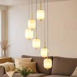 Lampadari Moderni-Selezionato da Mazzolaluce Lampadario a cascata moderno oro 6 luci vetro bianco led cct con telecomando