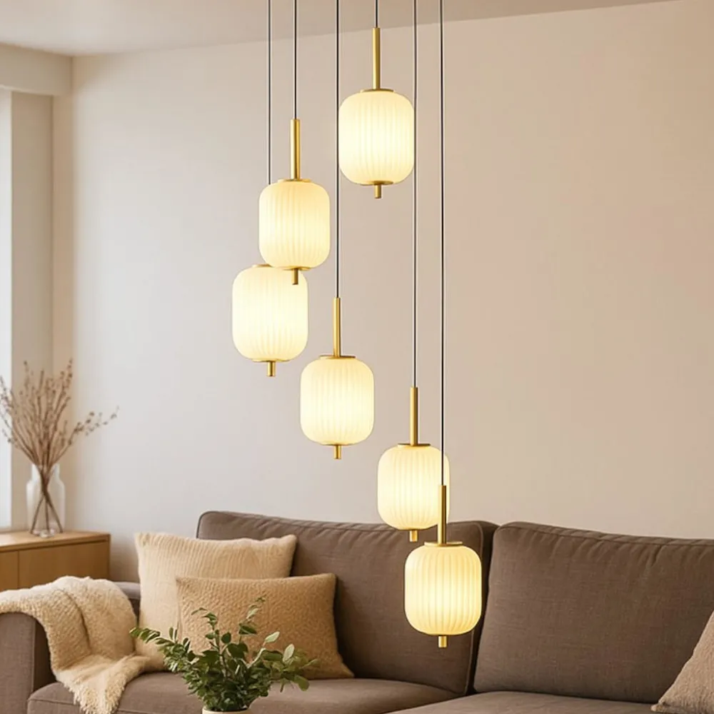 Lampadari Moderni-Selezionato da Mazzolaluce Lampadario a cascata moderno oro 6 luci vetro bianco led cct con telecomando