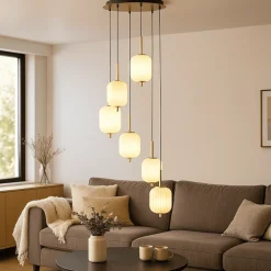 Lampadari Moderni-Selezionato da Mazzolaluce Lampadario a cascata moderno oro 6 luci vetro bianco led cct con telecomando
