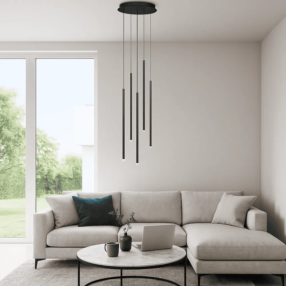 Lampadari Moderni-Selezionato da Mazzolaluce Lampadario a cascata nero 5 sopsensioni led 3000k