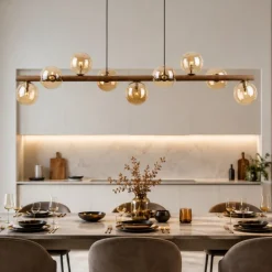 Lampadari Moderni-Selezionato da Mazzolaluce Lampadario a sospensione in legno stile nordico sfere in vetro ambra per soggiorno