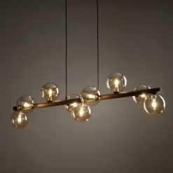 Lampadari Moderni-Selezionato da Mazzolaluce Lampadario a sospensione in legno stile nordico sfere in vetro ambra per soggiorno