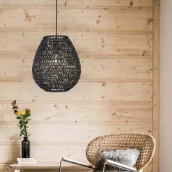 Lampadari Moderni-Selezionato da Mazzolaluce Lampadario a sospensione in rattan nero e corda di carta nera filo in tessuto