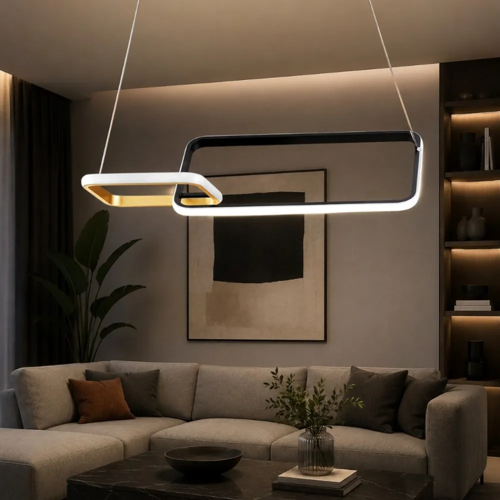 Lampadari Moderni-Selezionato da Mazzolaluce Lampadario a sospensione per soggiorno design moderno rettangoli nero oro led dimmerabile