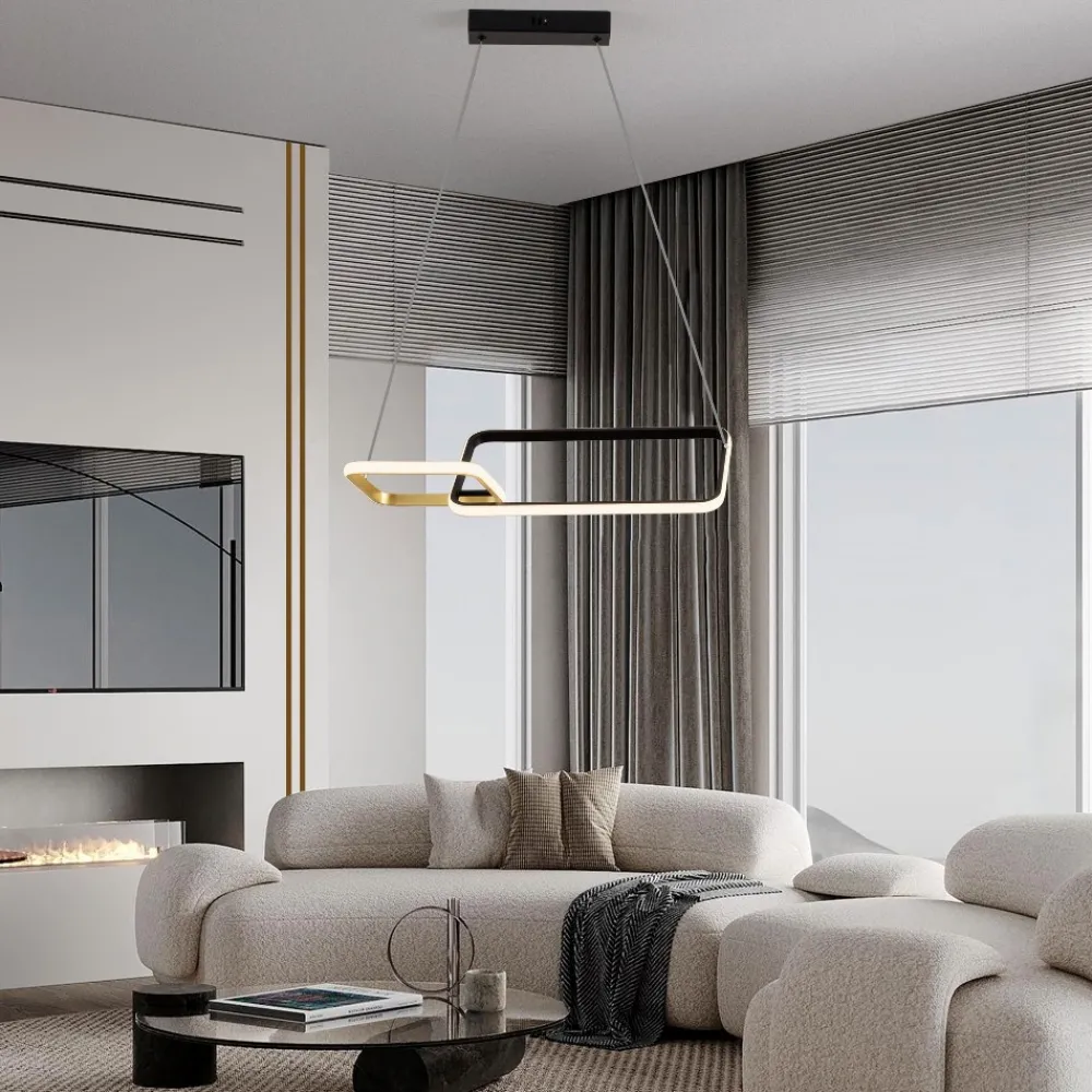 Lampadari Moderni-Selezionato da Mazzolaluce Lampadario a sospensione per soggiorno design moderno rettangoli nero oro led dimmerabile