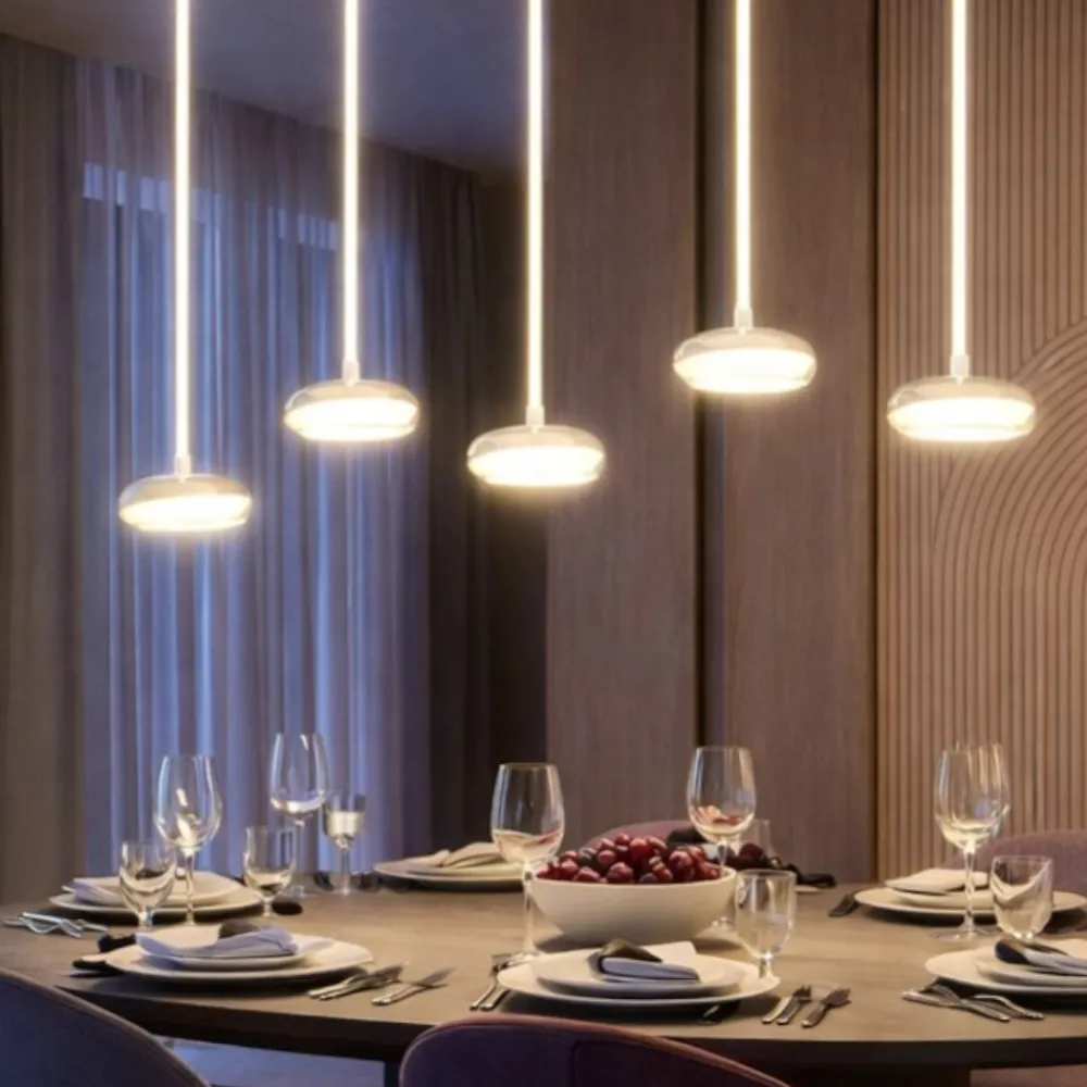 Lampadari Moderni-Selezionato da Mazzolaluce Lampadario a 5 sospensioni moderne in vetro trasparente led 4000k