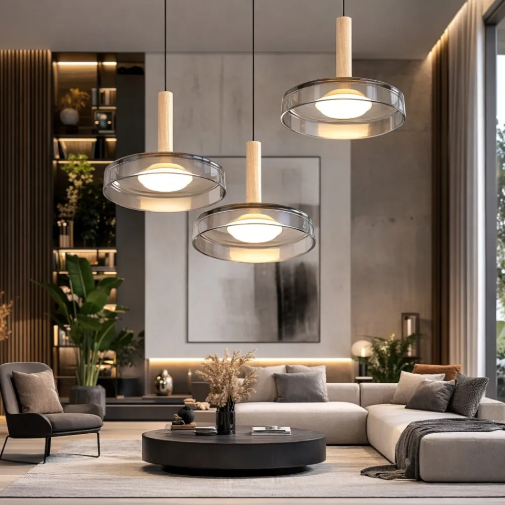 Lampadari Moderni-Selezionato da Mazzolaluce Lampadario a 3 sospenssioni moderna vetro cromo legno per soggiorno