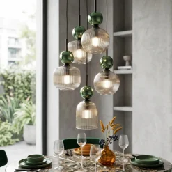 Lampadari Moderni-Selezionato da Mazzolaluce lampadario a 5 vetri giallo ambra pendenti per soggiorno contemporaneo
