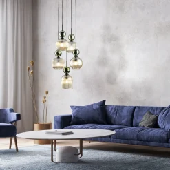 Lampadari Moderni-Selezionato da Mazzolaluce lampadario a 5 vetri giallo ambra pendenti per soggiorno contemporaneo