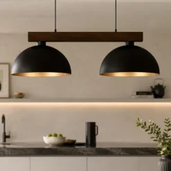 Lampadari Cucina-Selezionato da Mazzolaluce Lampadario bilanciere di legno con cupole in metallo marrone per cucina