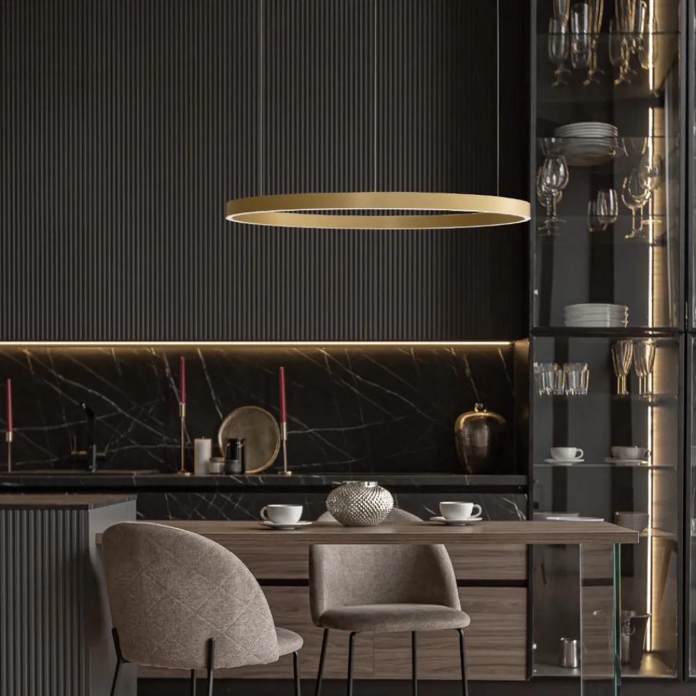 Lampadari Moderni-Selezionato da Mazzolaluce Lampadario cerchio oro 80cm led biemissione 77w 3000k dimmerabile