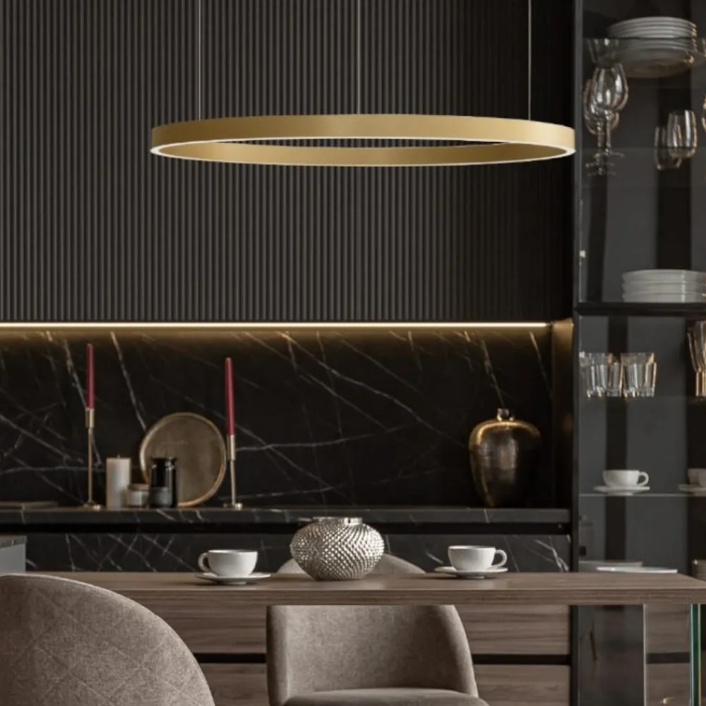 Lampadari Moderni-Selezionato da Mazzolaluce Lampadario cerchio oro 98cm led biemissione 106w 3000k dimmerabile