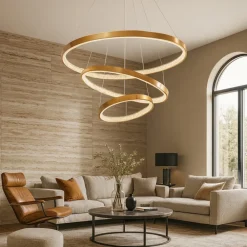 Lampadari Moderni-Selezionato da Mazzolaluce Lampadario 3 cerchi oro led per salone stile contemporaneo