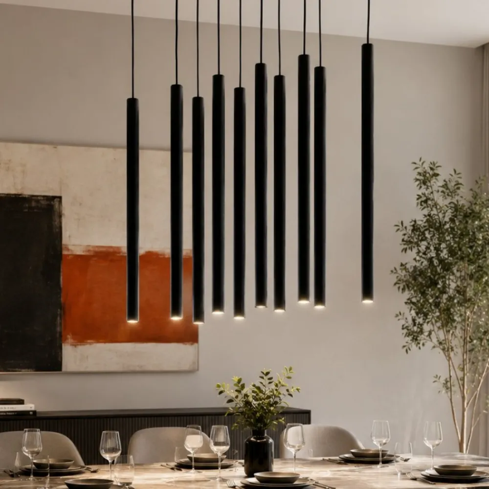 Lampadari Moderni-Selezionato da Mazzolaluce Lampadario cilindri rigati a sospensione nero per tavolo sala da pranzo moderna