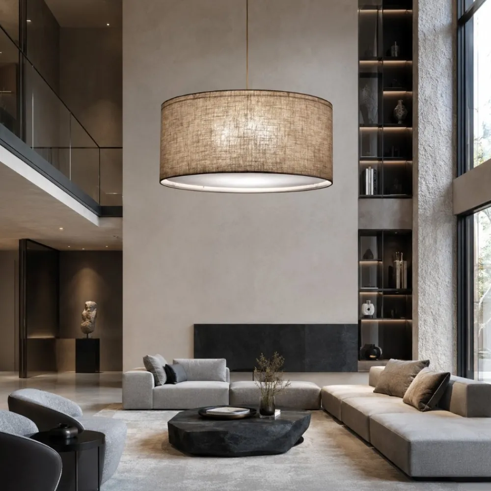 Lampadari Moderni-Selezionato da Mazzolaluce Lampadario cilindro a sospensione di tessuto lino