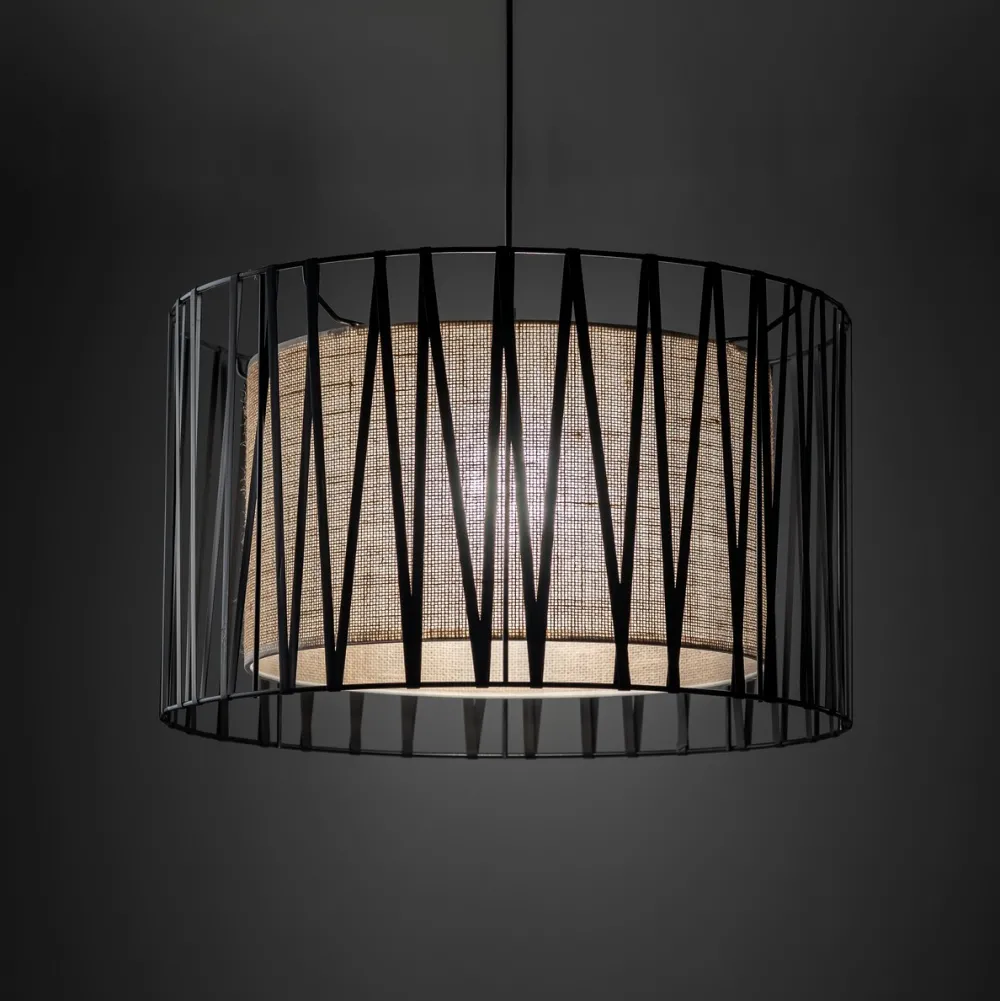Lampadari Moderni-Selezionato da Mazzolaluce Lampadario cilindro 50 cm di tessuto nero design moderno per sala da pranzo