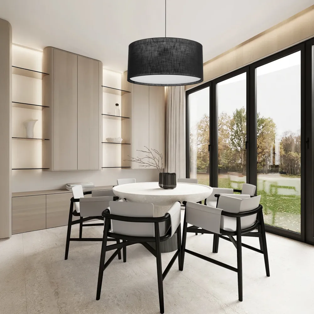 Lampadari Moderni-Selezionato da Mazzolaluce Lampadario cilindro di tessuto nero per soggiorno