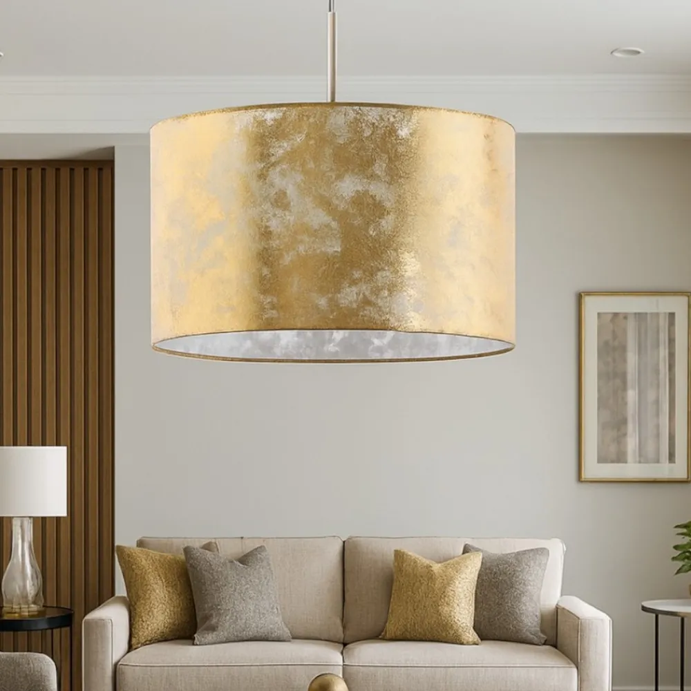 Lampadari Moderni-Eglo Lampadario cilindro tessuto foglia oro viserbella