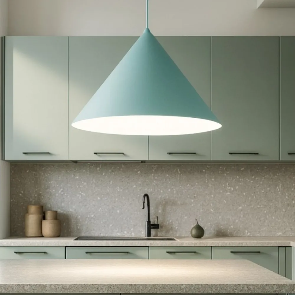 Lampadari Cucina-Selezionato da Mazzolaluce Lampadario colore menta cono di metallo 50cm per cucina