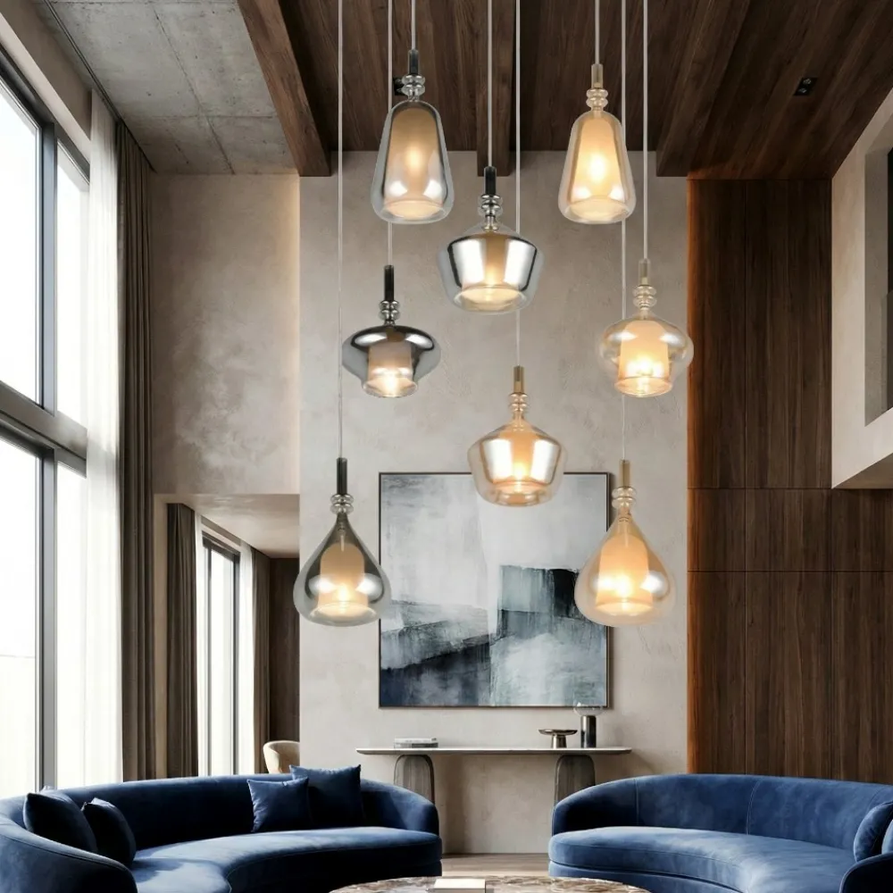 Lampadari Moderni-Selezionato da Mazzolaluce Lampadario con 8 sfere di vetro ambra cromo per soggiorno salotto