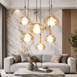 Lampadari Moderni-Fabas Luce Lampadario con vetri ambra a sospensione per soggiorno fabas edolo