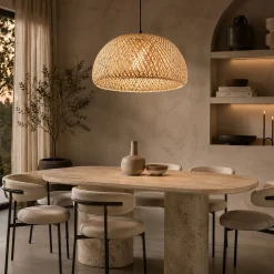 Lampadari Moderni-Selezionato da Mazzolaluce Lampadario cupola di rattan bamboo naturale per soggiorno