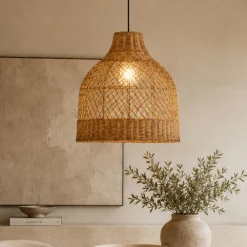 Lampadari Moderni-Selezionato da Mazzolaluce Lampadario cupola di rattan miele a sospensione 40 cm per soggiorno