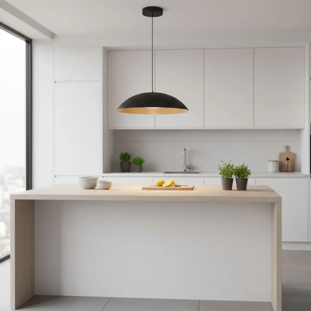 Lampadari Cucina-Selezionato da Mazzolaluce Lampadario da cucina cupola nera e legno led 3000k dimmerabile