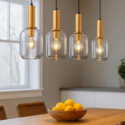 Lampadari Cucina-Selezionato da Mazzolaluce Lampadario da cucina moderna 4 luci con paralumi in vetro