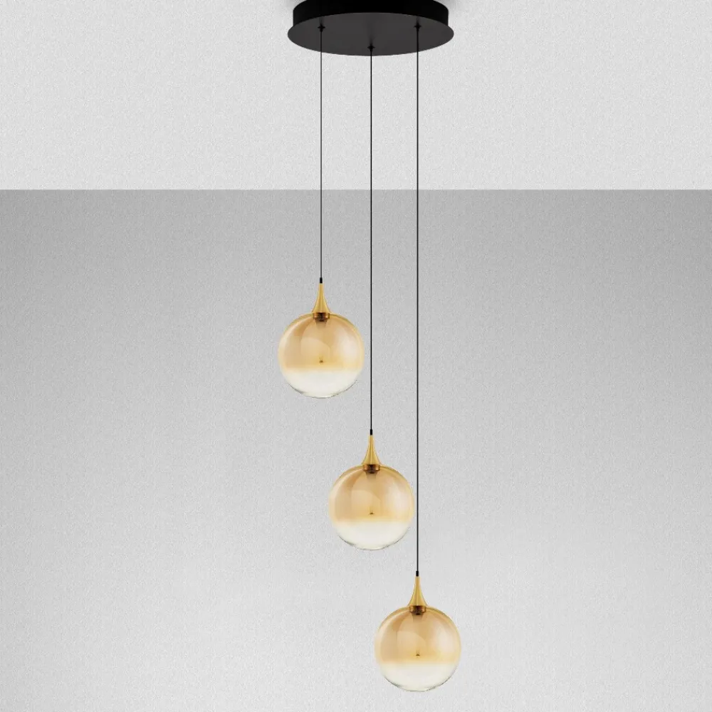 Lampadari Cucina-Selezionato da Mazzolaluce Lampadario da cucina moderna 3 vetri ambra sfere led 3000k