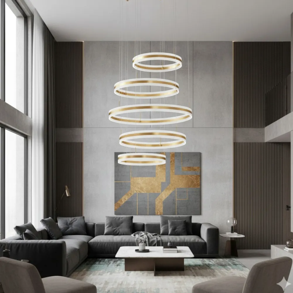 Lampadari Moderni-Selezionato da Mazzolaluce Lampadario design moderno anelli oro led 444w 3000k dimmerabile