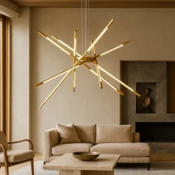 Lampadari Moderni-Selezionato da Mazzolaluce Lampadario design moderno oro bacchette led per soggiorno