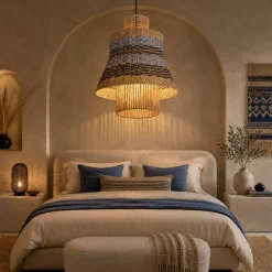 Lampadari Moderni-Selezionato da Mazzolaluce Lampadario di rattan per soggiorno corda naturale blu e nero