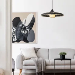 Lampadari Cucina-Selezionato da Mazzolaluce Lampadario disco di rattan naturale e tessuto nero marrone per cucina