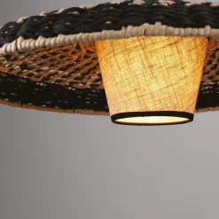 Lampadari Cucina-Selezionato da Mazzolaluce Lampadario disco di rattan naturale e tessuto nero marrone per cucina