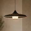 Lampadari Cucina-Selezionato da Mazzolaluce Lampadario disco di rattan naturale nero marrone e tessuto per sala da pranzo