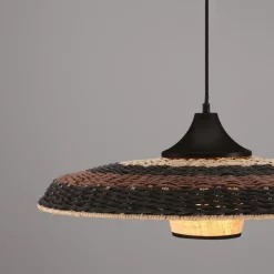 Lampadari Cucina-Selezionato da Mazzolaluce Lampadario disco di rattan naturale nero marrone e tessuto per sala da pranzo