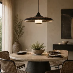 Lampadari Cucina-Selezionato da Mazzolaluce Lampadario disco di rattan naturale nero marrone e tessuto per sala da pranzo