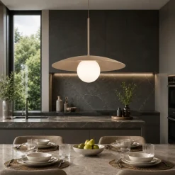 Lampadari Cucina-Selezionato da Mazzolaluce Lampadario disco sabbia 65 cm sfera di vetro per cucina moderna